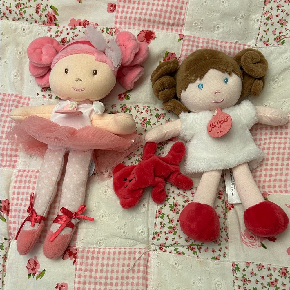 JoliJou Paris - Adorable Pink and Brown Plush Dolls Set